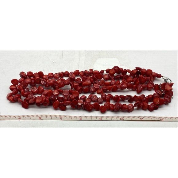 925 Sterling Clasp 19" Triple Strand Mediterranean Red Coral Necklace - Picture 6 of 6